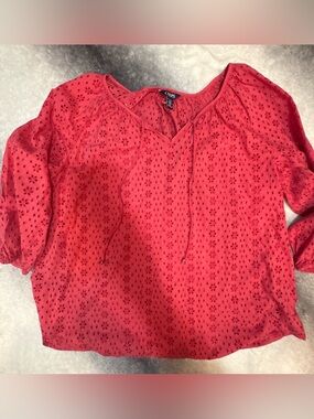 (A6) Chaps Salmon Red Eyelet Lace Peasant Blouse XL Boho Romantic Tie Neck Top